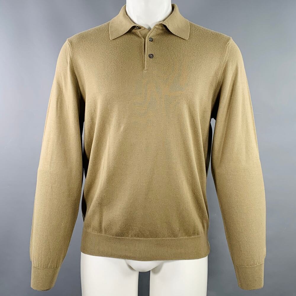 TOSCANO Size S Khaki Cotton Blend Long Sleeve Polo Pullover